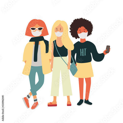 Put on a medical mask. The world is struggling with an outbreak of coronavirus. do not panic and stay home for your safety. take care of yourself. Vector graphics