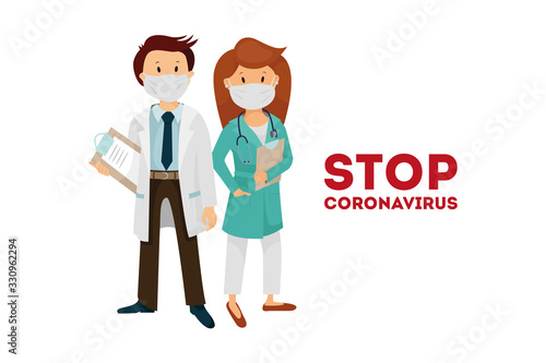 Put on a medical mask. The world is struggling with an outbreak of coronavirus. do not panic and stay home for your safety. take care of yourself. Vector graphics