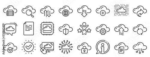 Set of Hosting  Computing data and File storage icons. Cloud data and technology line icons. Archive  Download  Share cloud files. Sync technology  Web server  Storage access. Vector