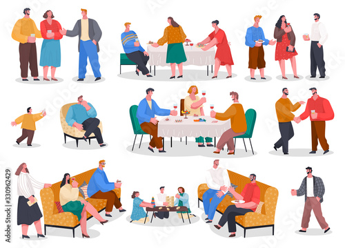 Men and women have dinner, party in restaurant or at home. Friends and family meeting with food and games. Set of isolated pictures with people having fun. Vector illustration of banquet in flat style
