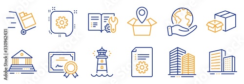 Set of Industrial icons, such as Package location, Engineering documentation. Certificate, save planet. Cogwheel, Skyscraper buildings, Buildings. Lighthouse, Push cart, Court building. Vector