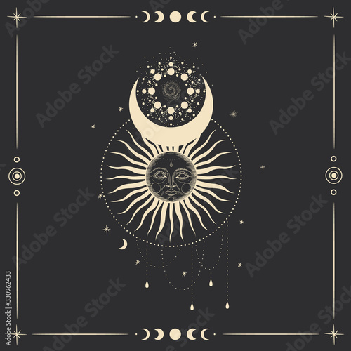 Vector illustration set of moon phases. Different stages of moonlight activity in vintage engraving style. Zodiac Signs