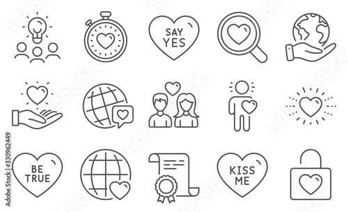 Set of Love icons, such as Be true, Friend. Diploma, ideas, save planet. Heartbeat timer, Couple love, Heart. World brand, Say yes, International love. Vector