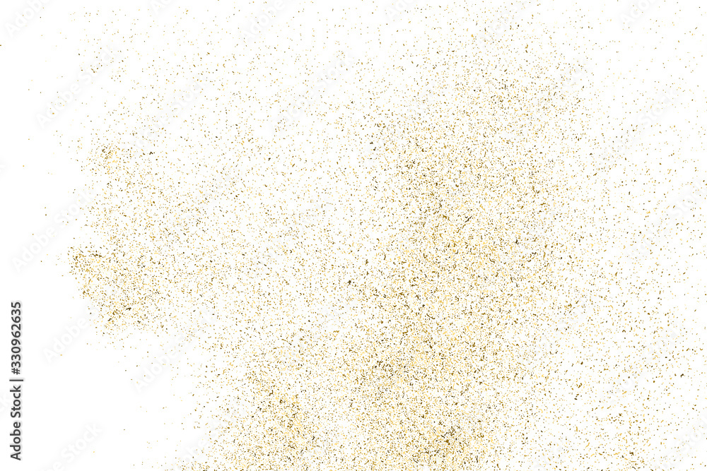 Gold glitter texture isolated on white. Amber particles color. Celebratory background. Golden explosion of confetti. Design element. Digitally generated image. Vector illustration, EPS 10.