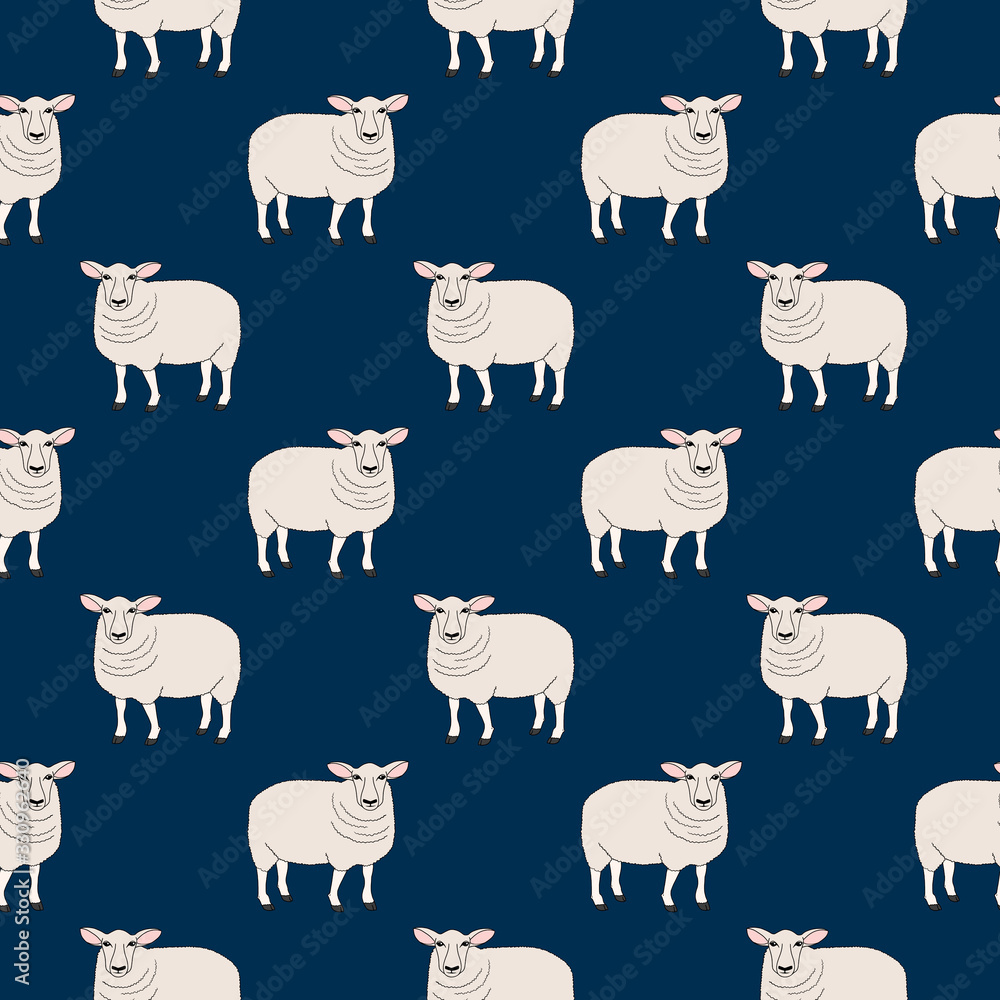 Seamless pattern with bunny, fluffy pet, farm (domestic) animal, isolated on navy blue background. Cute print with colored graphic elements for textile, fabric, wrapping paper, scrapbooking, web desig Seamless pattern with bunny, fluffy pet, farm (domestic) animal, isolated on navy blue background. Cute print with colored graphic elements for textile, fabric, wrapping paper, scrapbooking, web desig