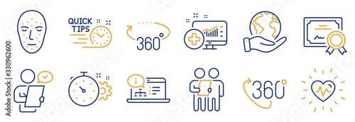 Set of Science icons, such as Customer survey, Survey. Certificate, save planet. Face biometrics, Medical analytics, 360 degrees. Heartbeat, Quick tips, Cogwheel timer. Vector