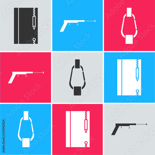 Set Underwater note book and pencil, Fishing harpoon and Carabiner icon. Vector