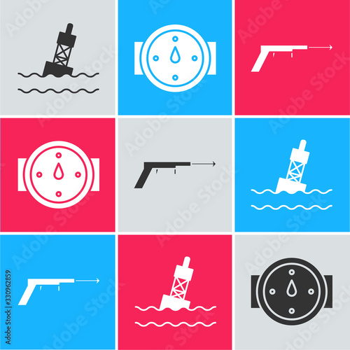 Set Floating buoy on the sea, Wind rose and Fishing harpoon icon. Vector