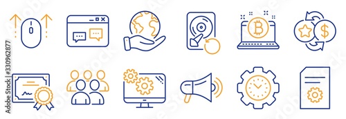 Set of Technology icons, such as Settings, File settings. Certificate, save planet. Megaphone, Group, Browser window. Time management, Recovery hdd, Swipe up. Vector