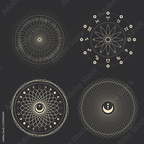 Vector illustration set of moon phases. Different stages of moonlight activity in vintage engraving style. Zodiac Signs