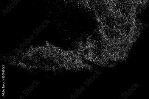 White grainy texture isolated on black background. Dust overlay. Noise granules. Snow vector elements. Digitally generated image. Illustration, EPS 10.