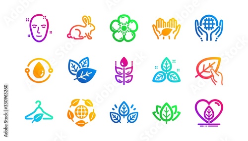 Slow fashion, synthetic fragrance, fair trade. Organic cosmetics icons. Sustainable textiles, animal testing, eco organic icons. Classic set. Gradient patterns. Quality signs set. Vector