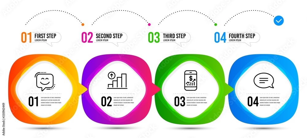 Smile face, Chat and Graph chart line icons set. Timeline steps. Mobile finance sign. Chat, Speech bubble, Growth report. Phone accounting. Technology set. Vector Smile face, Chat and Graph chart line icons set. Timeline steps. Mobile finance sign. Chat, Speech bubble, Growth report. Phone accounting. Technology set. Vector