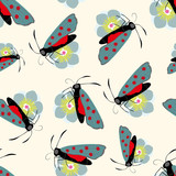 Six spot burnet butterfly seamless vector pattern background. Day flying moth on flower illustration. Scottish coastal insect backdrop. All over print for Scotland summer vacation,wildlife concept