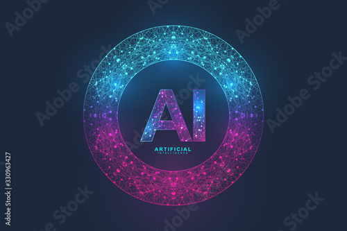 Artificial Intelligence Logo Plexus effect. Artificial Intelligence and Machine Learning Concept. Vector symbol AI. Neural networks and another modern technologies concepts. Technology sci-fi concept.