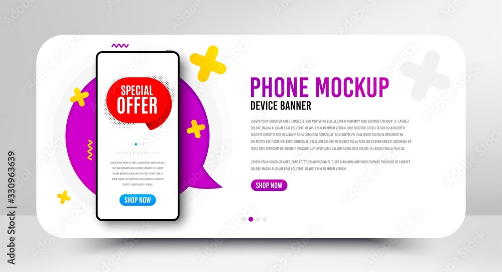 Special offer badge. Phone screen mockup banner. Discount banner shape. Sale coupon bubble icon. Social media banner with smartphone screen. Shopping mockup web template. Vector Special offer badge. Phone screen mockup banner. Discount banner shape. Sale coupon bubble icon. Social media banner with smartphone screen. Shopping mockup web template. Vector
