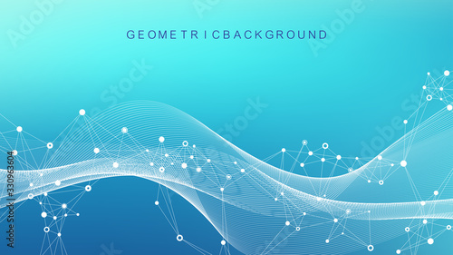 Geometric abstract background with connected lines and dots. Wave flow. Molecule and communication background. Graphic background for your design. Vector illustration.