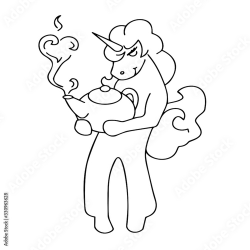 Cute smart line vector unicorn with teapot
