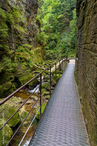 Metal footbridge in the gorge of Kamienczyk river in Poland