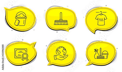 Sponge sign. Diploma certificate, save planet chat bubbles. Dry t-shirt, Cleaning mop and Household service line icons set. Laundry shirt, Sweep a floor, Cleaning equipment. Cleaner bucket. Vector