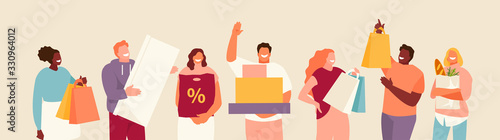 People group with their purchases. Sale and discounts vector illustration
