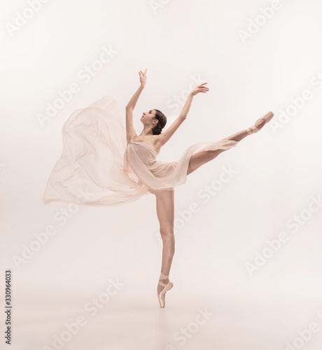 Print op canvas Graceful classic ballerina dancing, posing isolated on white studio background