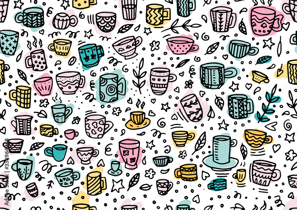 doodle illustration. black lineart mug of coffee. seamless pattern for background. spring colors doodle illustration. black lineart mug of coffee. seamless pattern for background. spring colors