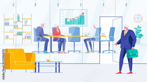Boss Entering Conference Room with Busy Colleagues
