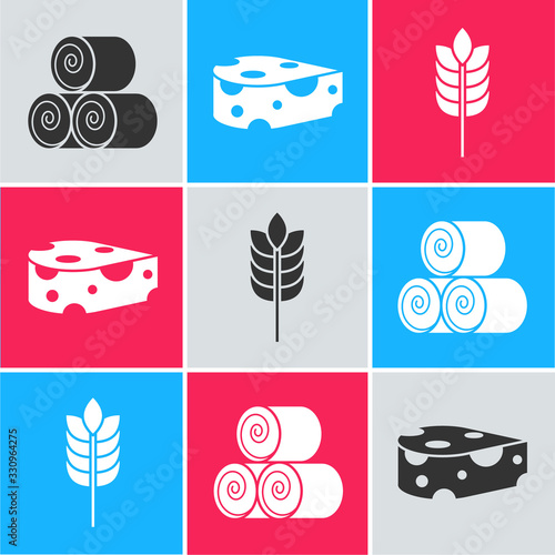 Set Roll of hay, Cheese and Cereals with rice, wheat, corn, oats, rye icon. Vector