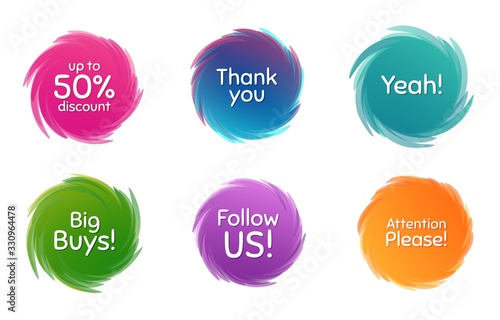 Swirl motion circles. Follow us, 50% discount and attention please. Thank you phrase. Sale shopping text. Twisting bubbles with phrases. Spiral texting boxes. Big buys slogan. Vector