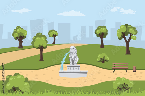 Park with fountain in cartoon style. Landscape with trees, bushes and grass. Parkland with lion statue on road. Outdoor nature background