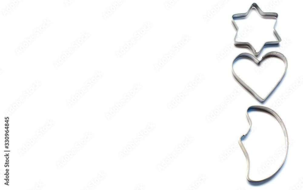 forms for baking cookies and Pryanikov metal. on white background. confectioner's inventory forms for baking cookies and Pryanikov metal. on white background. confectioner's inventory