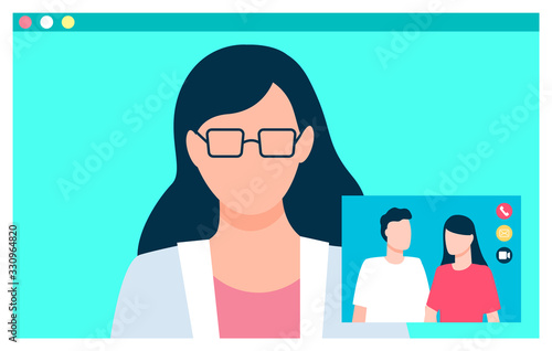 Online conversation, consultation between people by internet call with video in real time. Videoconference to talk with person, consultant remotely. Vector illustration of technology in flat style