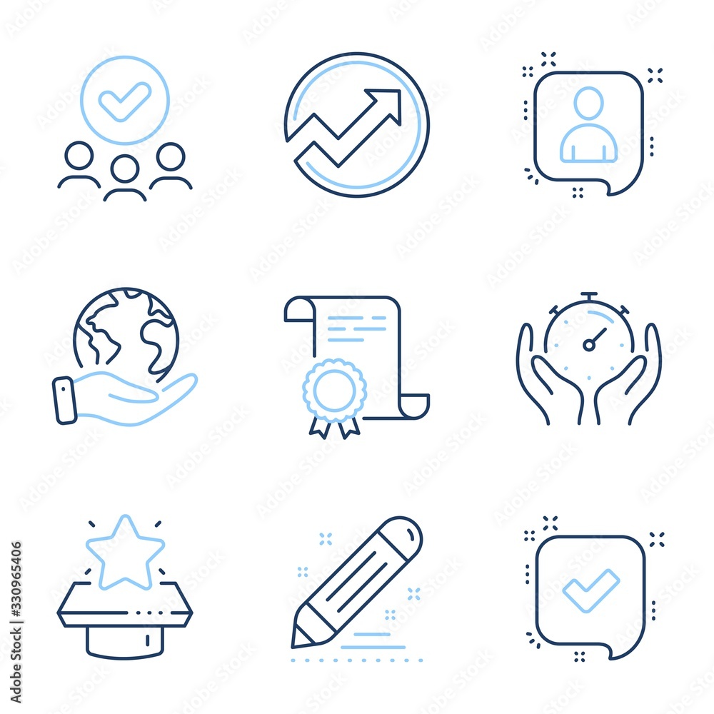 Timer, Confirmed and Developers chat line icons set. Diploma certificate, save planet, group of people. Winner podium, Audit and Brand contract signs. Vector Timer, Confirmed and Developers chat line icons set. Diploma certificate, save planet, group of people. Winner podium, Audit and Brand contract signs. Vector
