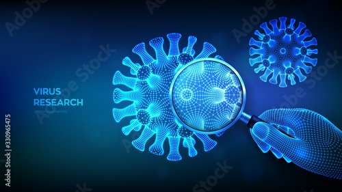 Virus research concept with magnifier in wireframe hand and abstract novel coronavirus bacteria. Magnifying glass and virus cell close up. Coronavirus 2019-nCov. COVID-19. 3D vector illustration.
