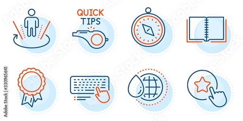 Travel compass, Tutorials and Computer keyboard signs. Success, Augmented reality and Book line icons set. World water, Loyalty star symbols. Award reward, Virtual reality. Business set. Vector
