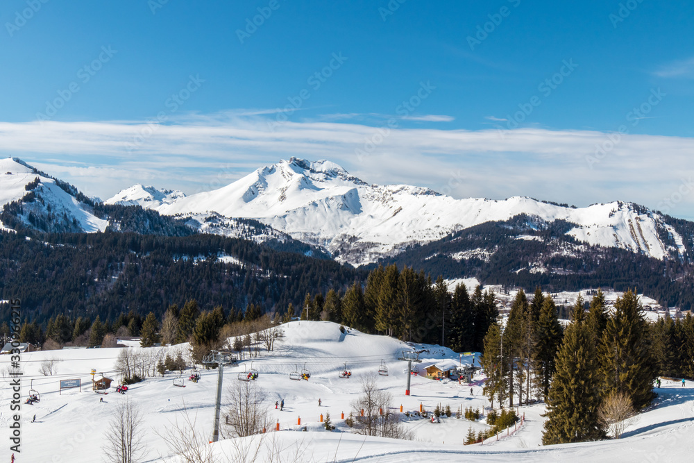 View of the mountains from the Morzine ski slopes in the French Alps during winter
