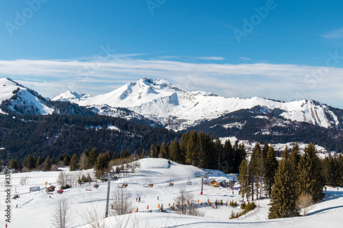 View of the mountains from the Morzine ski slopes in the French Alps during winter © Romain TALON
