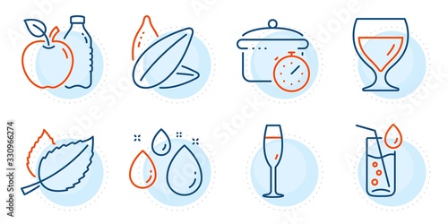 Water glass, Apple and Water drop signs. Mint leaves, Wine glass and Boiling pan line icons set. Sunflower seed symbol. Mentha herbal, Cabernet wineglass. Food and drink set. Outline icons set. Vector