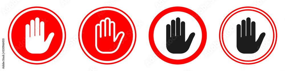Hand forbidden vector sign. Stop hand icons set. Hand forbidden vector sign. Stop hand icons set.