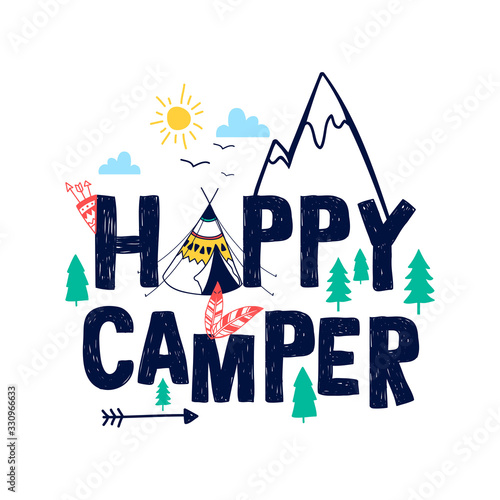Doodle slogan and camp elements vector illustration.