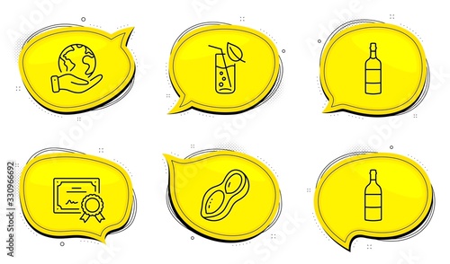 Wine bottle sign. Diploma certificate, save planet chat bubbles. Water glass, Brandy bottle and Peanut line icons set. Soda drink, Whiskey, Vegetarian nut. Cabernet sauvignon. Vector