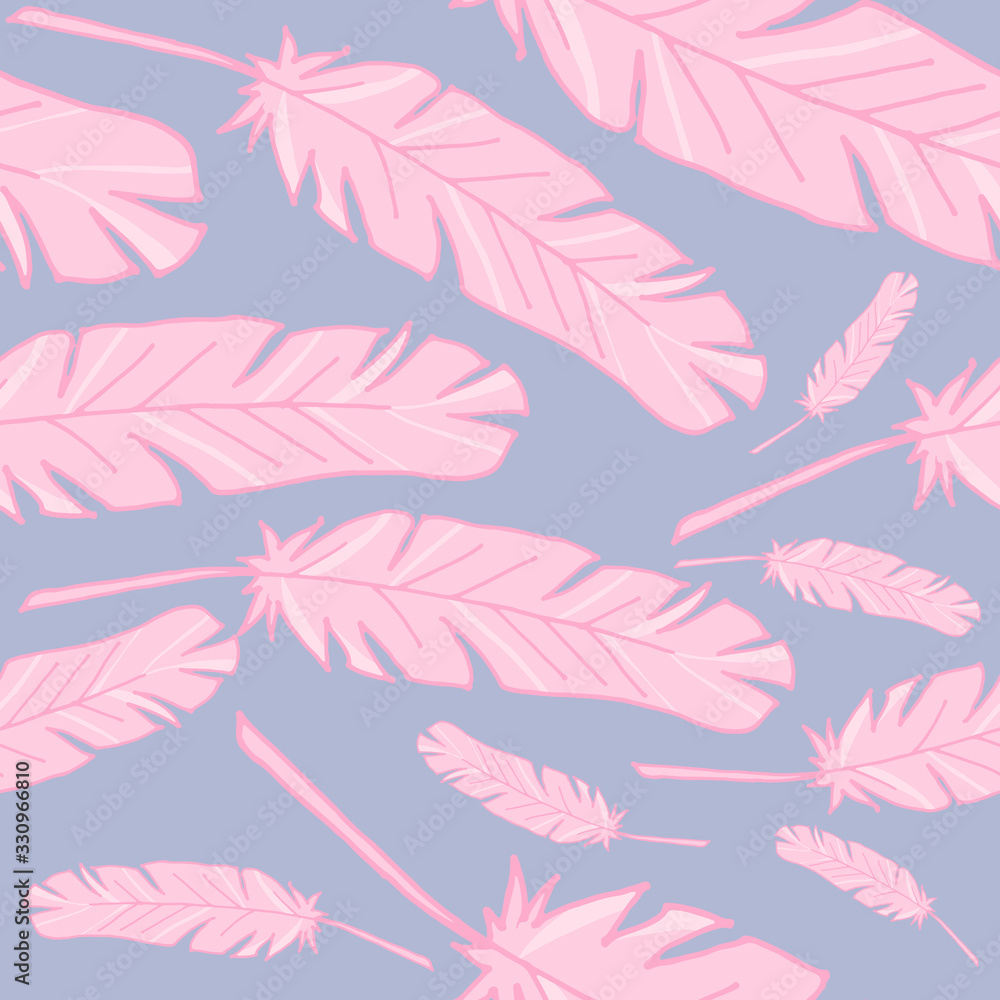 Seamless background with feathers. The pattern is seamless. Vector illustration. Hand-drawn. Lots of feathers. Stock vector illustration. Pink feathers on a purple background.