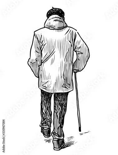 Hand drawing of elderly man with stick walking along street