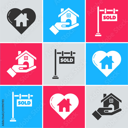 Set House with heart shape, Realtor and Hanging sign with text Sold icon. Vector