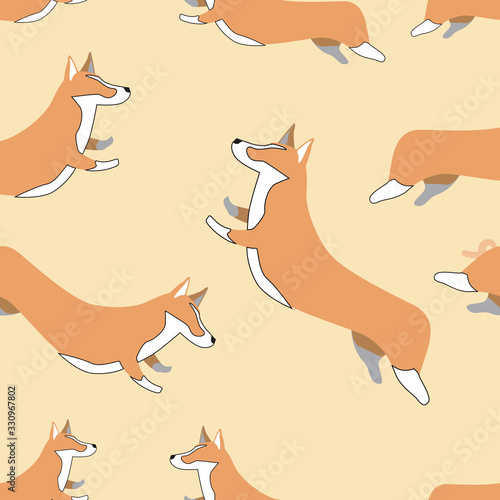 Seamless pattern with welsh corgi pembroke on a yellow background for printing on fabric or textile and baby clothes, scandinavian vector stock illustration with doodle dog as backdrop for design