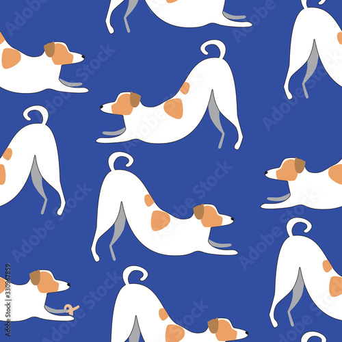 Seamless pattern with jack russell terrier on a blue background for printing on fabric or textile and baby clothes, scandinavian vector stock illustration with doodle dog as a yoga concept