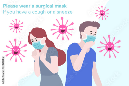 Guidance for sick people with the flu Concept with woman who coughing wearing hygiene mask for preventing the spread of flu. Vector Illustration