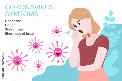 Sign Infographic with Cartoon has Cough, Fever, Sore Throat and Cold in Coronavirus or Covid-19 Outbreak. 