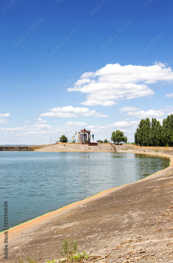 Svetlovodsk embankment and Kremenchuk water reservoir on the Dnieper river in Svetlovodsk city, Kirovograd region, Ukraine. Svetlovodsk hydroelectric power plant. Ukrainian landscape.